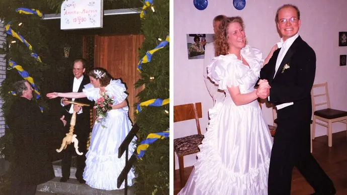 Till vänster, brudpar tar emot gåvor under äreporten. Till höger, brudparet dansar glatt på bröllopsfesten. 