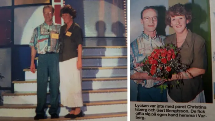 Till vänster, foto från TV-inspelningen av "Kär & Galen". Till höger, tidningsurklipp på kärleksfullt par. 