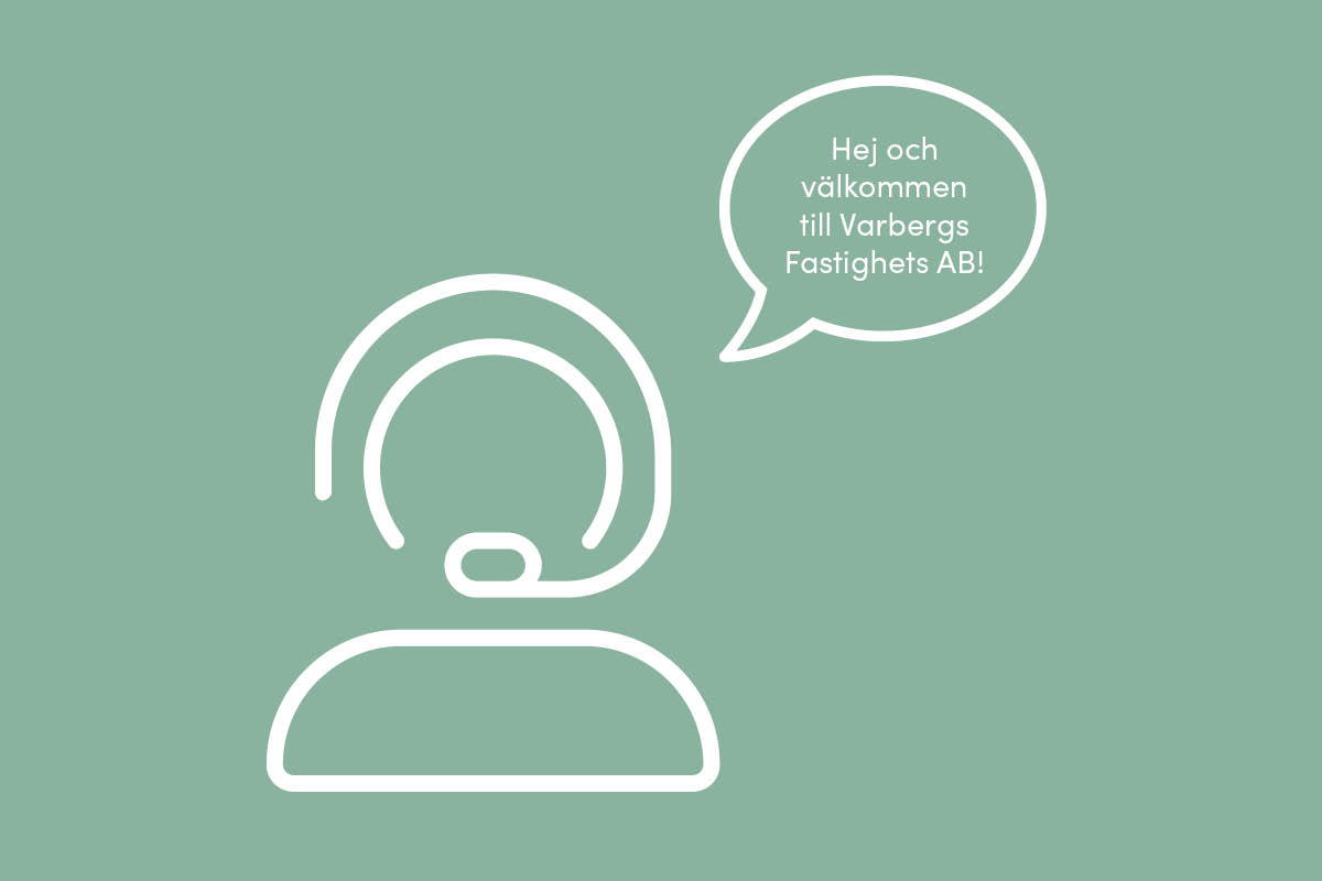 Vectorbild, en icon som föreställer en receptionist med headset. En pratbubbla med texten Hej och välkommen till Varbergs Fastighets AB.