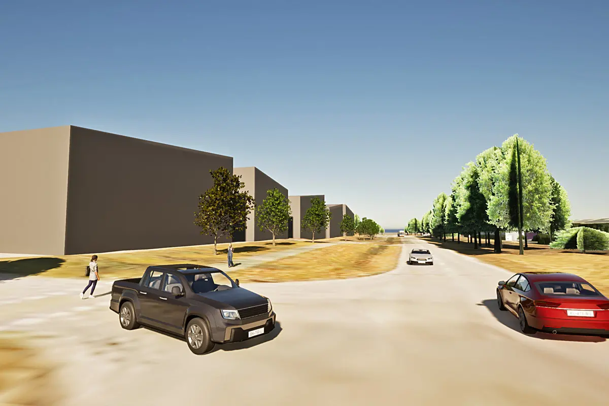 Illustration där husen liknar klossar placerade längs en gata med allé. Tre bilar vid en korsning.