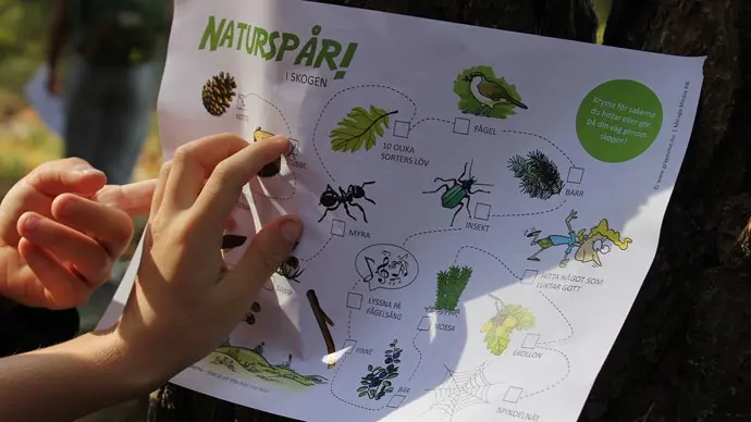 En barnhand håller ett papper med bilder på djur och växter från naturen.