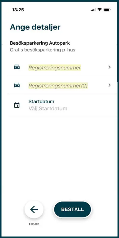 Skärmdump från app, lägg till bilens registreringsnummer