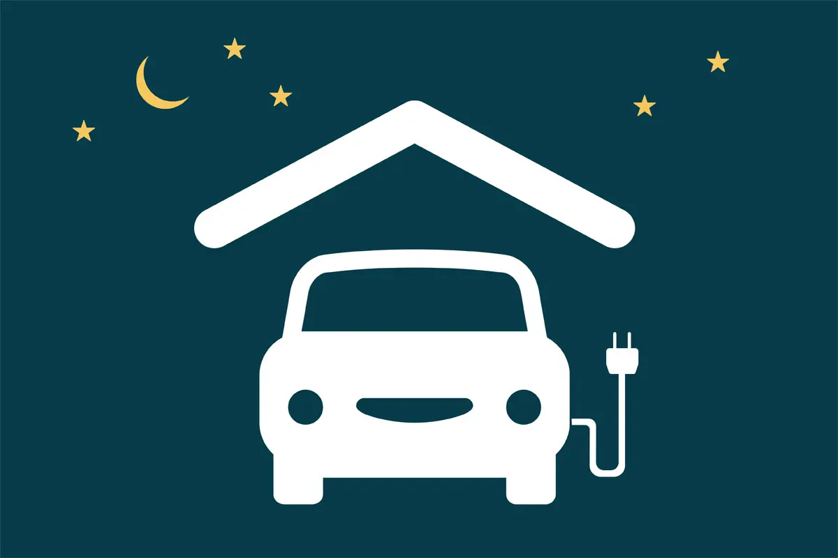 Illustration, en glad bil har parkerat under tak. Från bilen hänger en sladd med kontakt. Stjärnor och måne på mörktblå bakgrund.
