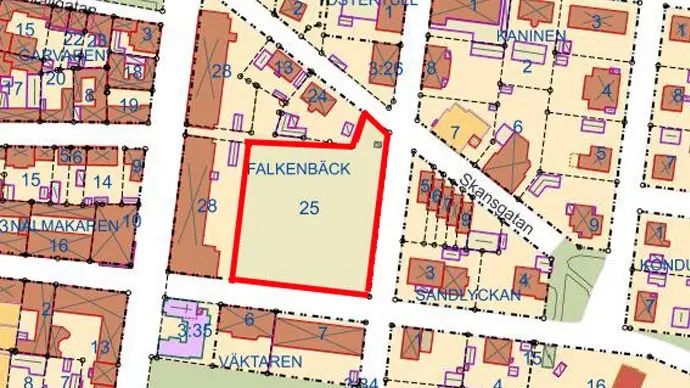 Kartbild där kvarteret Falkenbäck är markerat med röd ring.