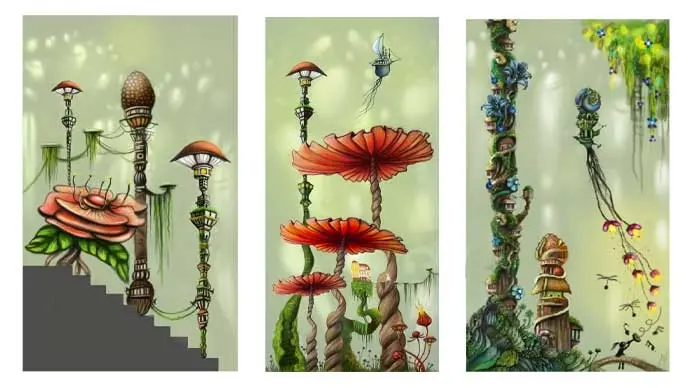 Målning av en sagovärld där blommor och svampar är bostäder åt sagofigurer.
