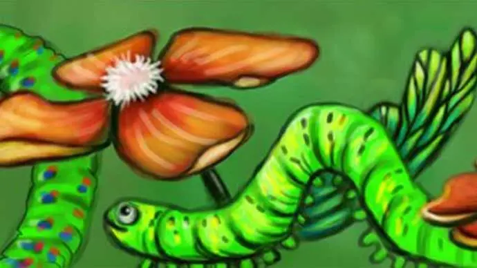 En stor grön larv kryper bland blommor i en fantasifull målning.