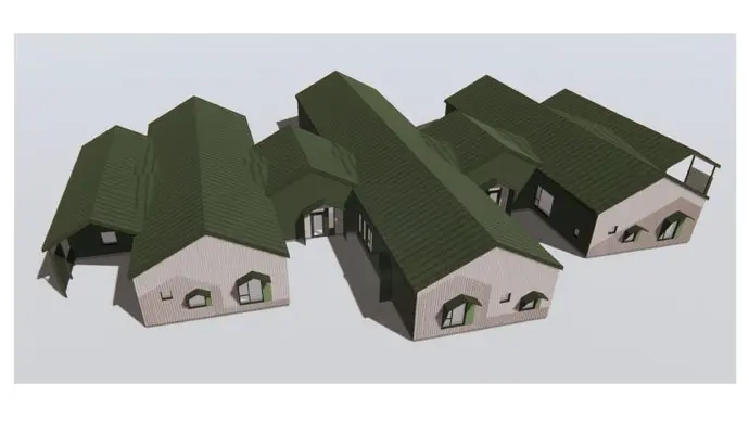 Illustration av Trönningenäs förskola. Tre grå byggnader med gröna tak är sammanbyggda med mindre gröna byggnader.