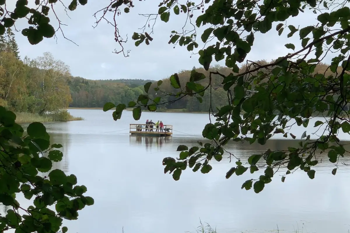 Mellan lövverket ses en flotte i en sjö. Fyra personer står på flotten som dras fram med rep. Sjön är omgiven av lövträd i höstfärger.