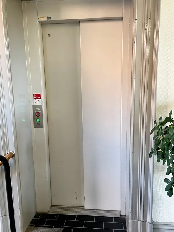 En hiss med vita dörrar och en hissknapp som lyser grönt. Till höger om hissen syns en grön växt.